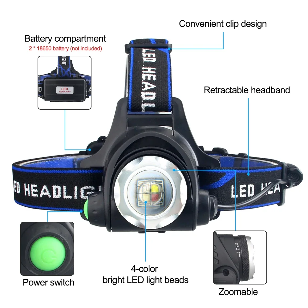 LED four light source telescopic focus Headlamp Waterproof Head Light Rechargeable Fishing Searching Camping Head Flashlight