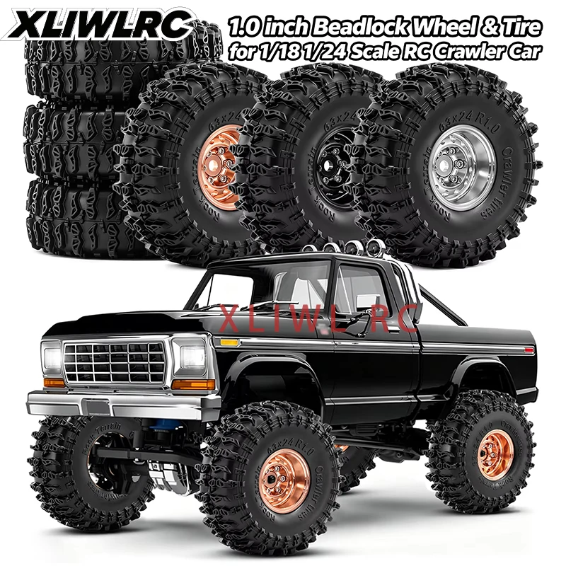 4pcs 1.0 Inch Beadlock Wheel Rim And Crawler Tyres Set for 1/18 Traxxas TRX4M Ascent-18 1/24 Axial SCX24 AX24 FMS FCX24 RC Crawl