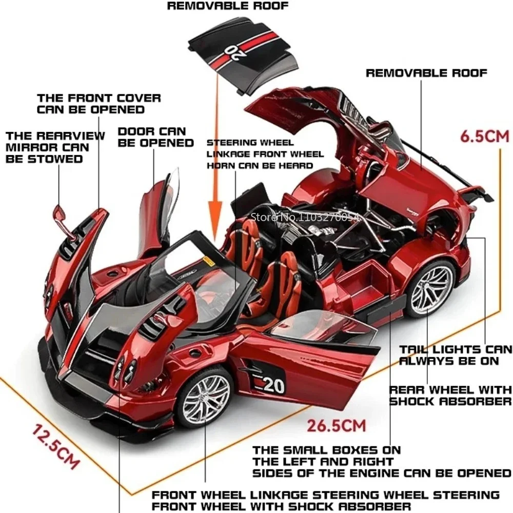 Grande 1:18 pagani huayra supercar em miniatura liga diecast brinquedos modelo puxar para trás som luz conversível veículos presentes coleção