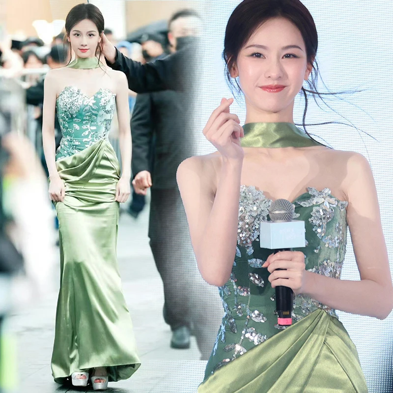 

Ele Fi Tail Evening Gown Women's Host Performance Costume Korean Sle Beaded mid Waist Long Skirt without Sve