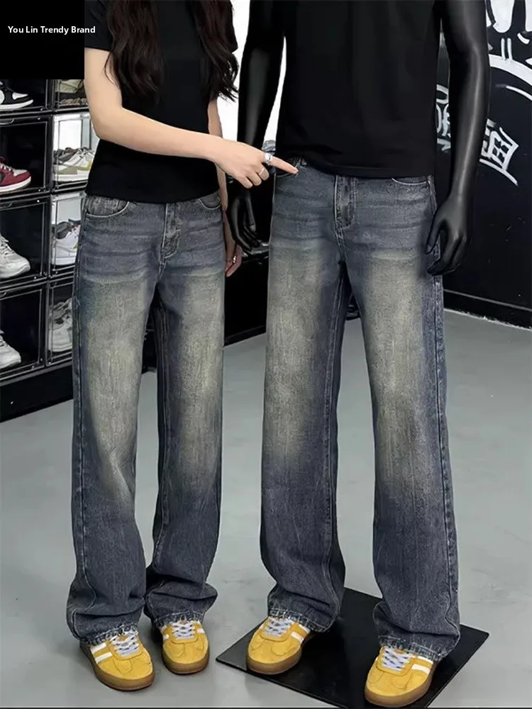 

Мужские джинсы прямого кроя с ретро-узором в виде синих молний, с высокой талией, в американском стиле, повседневные брюки-клеш с высокой талией