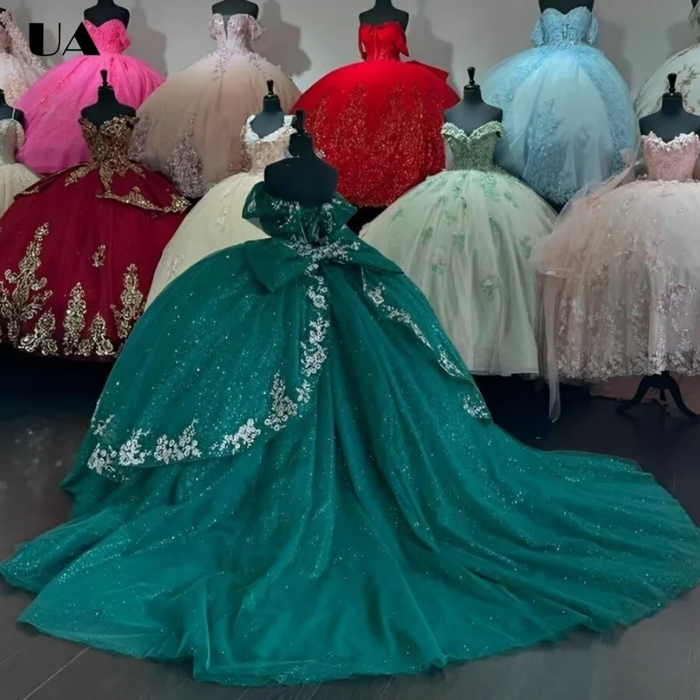 ULBYANRY Customized Mesh A-line Off-the-shoulder Sweet 15 Dress Sparkly Applique Quinceanera Dress Princess Style Bow Prom Dress