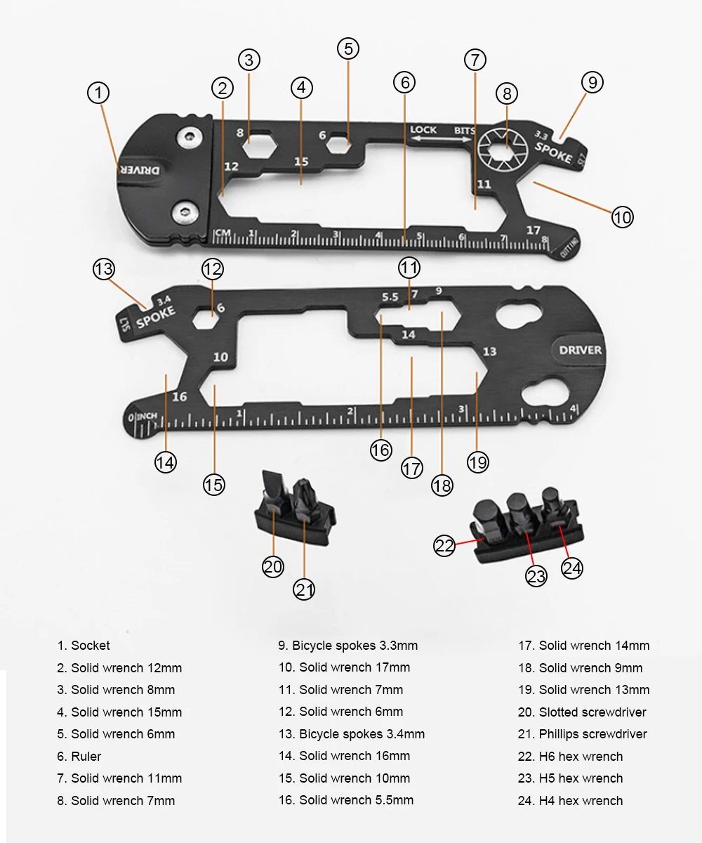 24 In 1 Multi Outdoor Bicycle Repair Tool Activity Spanner Combination Wrench Screwdriver Tool Set Pocket Keyring Hex Wrench Bik