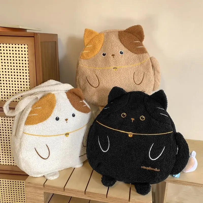 Cute Plush Cat Shoulder Bag Women's Adorable Furry Cartoon Animal Handbag Large Capacity Lightweight Travel Pouch School Bag