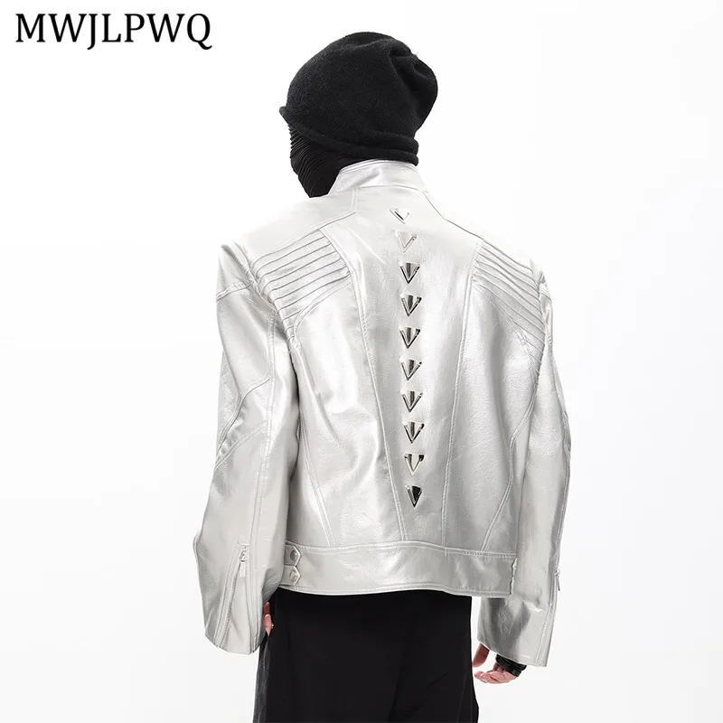 

MWJLPWQ Металлическая серебряная мотоциклетная кожаная куртка Мужская уличная большие наплечники Деконструированные высококачественные повседневные топы 11470
