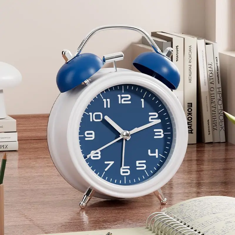 Round Twin Bell Mechanical Alarm Clock Mute with Warm Night Light Cute for Kids Bedroom Desk Home Ornament