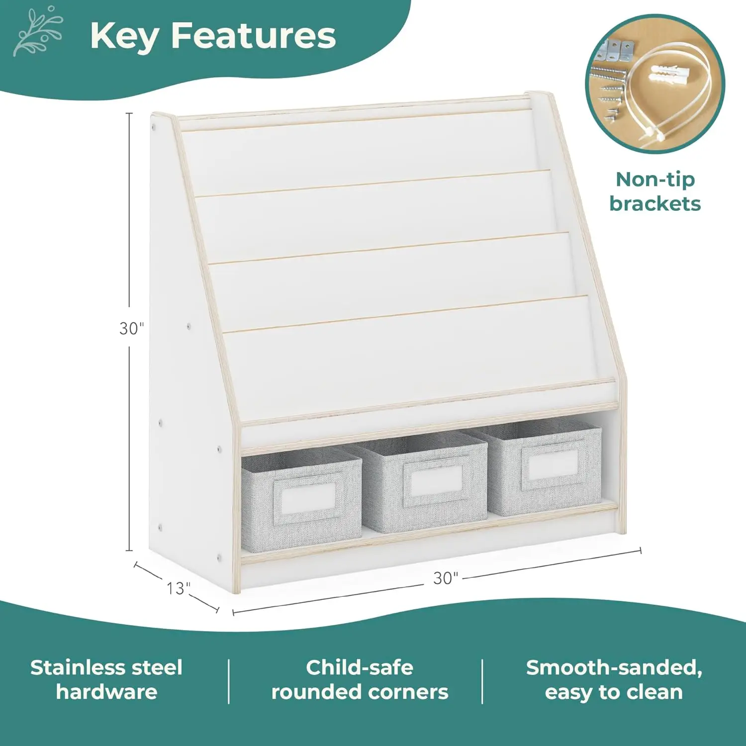 EdQ Weißes Bücherregal aus Holz mit 3 Behältern: Kinder-Bücherregal und Spielzeug-Organizer