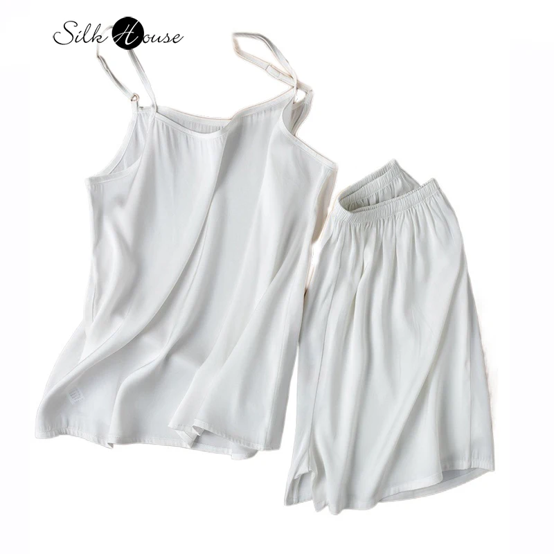 

22MM 93% Natural Mulberry Silk Elastic Double Qiao Satin Cool Small Suspender Shorts White Home Clothes Pajama Set