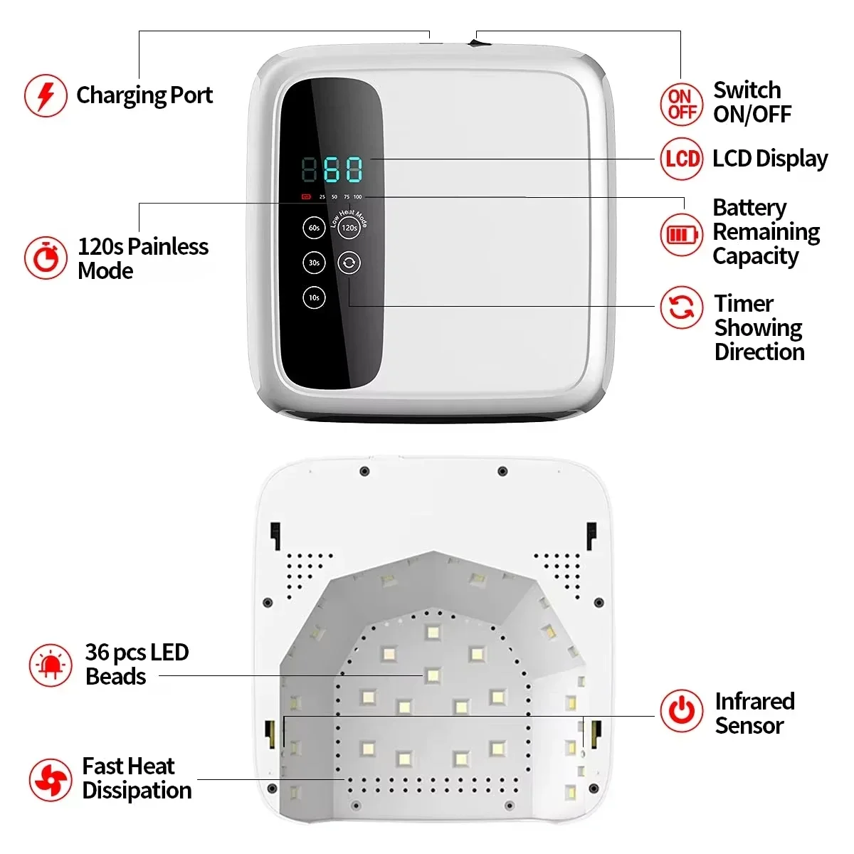 Nail Lamp Phototherapy Machine 72W High Power Quick Drying Phototherapy Lamp Rechargeable UV Beauty