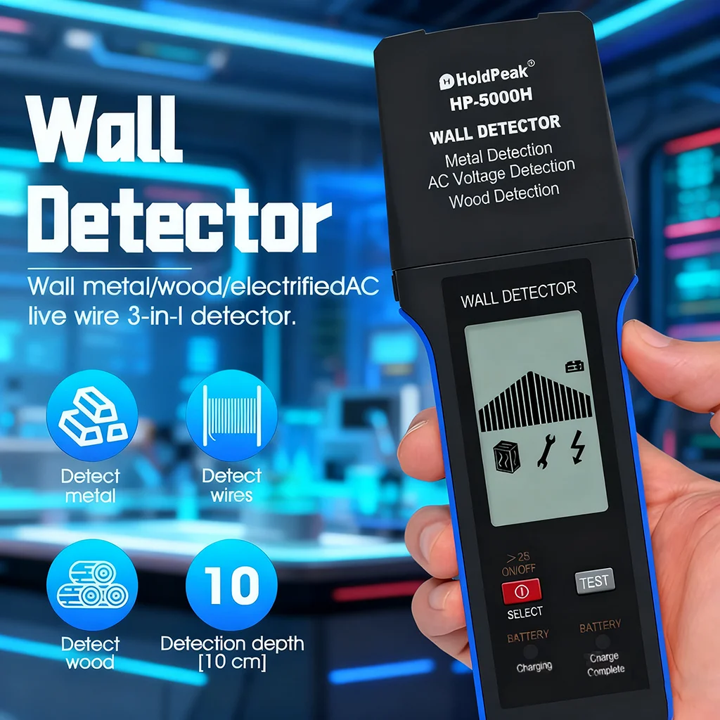 

3-in-1 Wall Detector, Metal/Wood/AC Wire Hygrometer, 5-10cm Depth, LCD & Sound Alarm, Type-C Rechargeable for Drywall/Concrete