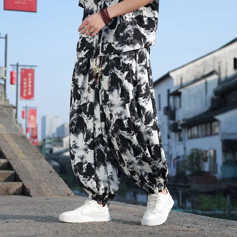 

Новые китайские мужские брюки-фонари из шелковистой ткани с эффектом водной росписи, свободного кроя, с цветочным узором, повседневные, прямые, K68P65