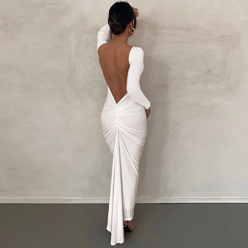 SanShengSpring Elegant Long Sleeve Backless Solid Cuched Sexy Bodycon Maxi Prom Dress Women Outfit Evening Party Festival Y2Ktem