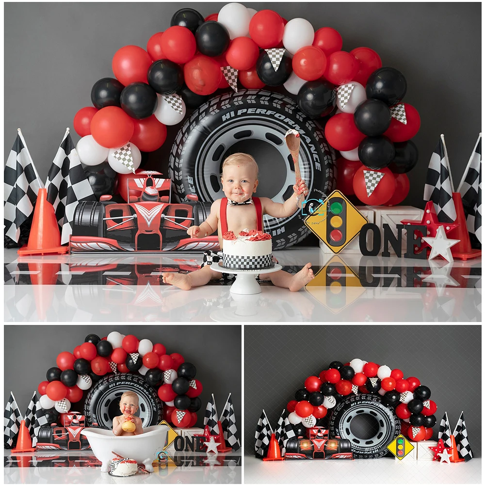 

Formula 1 with Jude Photo Background Racing Boy Birthday Cake Smash Photography Backdrop Black and Red Balloon Photo Studio Prop