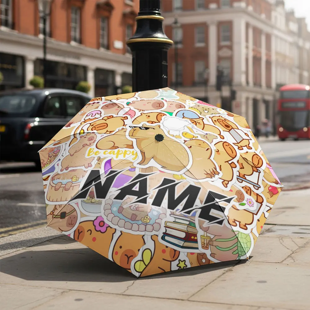 Custom Name umbrella, Cute Cartoon Capybara Sticker Pattern Umbrella Fashion Folding Umbrella for Daily Use, Christmas Gift