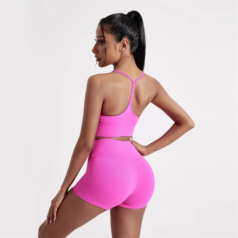 Sexy Solid Color Women Gym Yoga Short Leggings Set Cross Back Y Shape Sports Bra+High Waist Sports Short Leggings 2pc Athletic