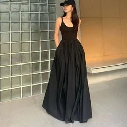 Lucyever Korean Fashion Black Maxi Dress Women Summer Sleeveless Spaghetti Strap Dresses Female Elegant Patchwork A-Line Dress