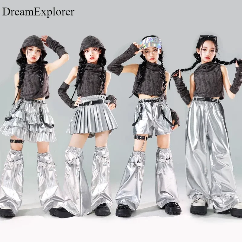 Hip Hop Girls Wasteland Hoodies Silver Skirt Street Dance Pants Kids K-pop Streetwear Children Jazz Crop Top Clothes Set Costume