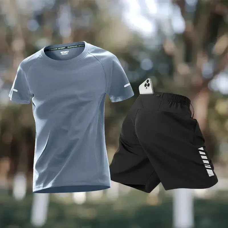 Sports suit men's quick-drying clothes for running, fitness, training. Training wear. Summer silk short-sleeved shorts for men.