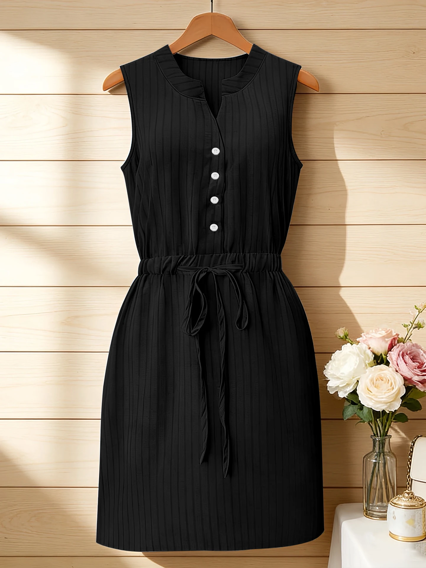 

Women's Solid Color Knitted Ribbed Button V-Neck Loose Belt Sleeveless Dress