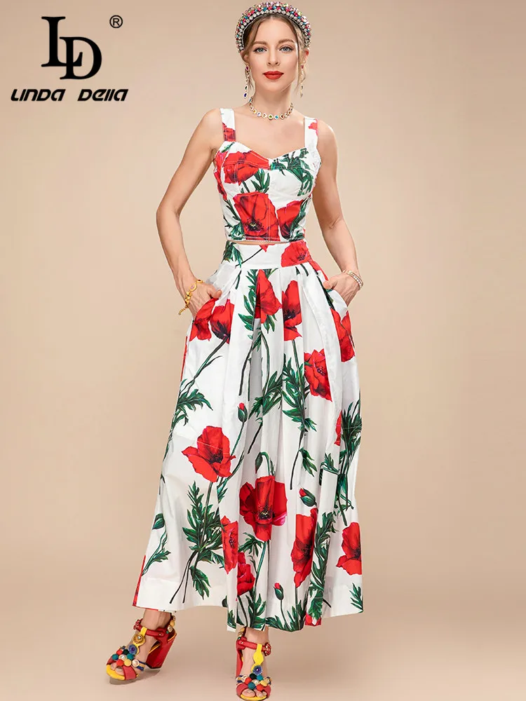 LD LINDA DELLA 2023 New Summer Print Cotton Skirt 2 Pieces Set Women Spaghetti Strap Short Vest＋Floral Holiday Midi Skirts Suit