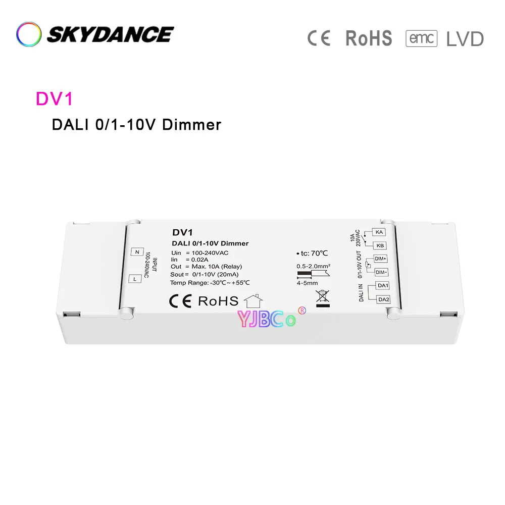 

Skydance 110V 220V AC 1CH*20mA monochrome led DT5 DALI 0-10V /1-10V Dimmer DV1 rated relay output for Single color LED strip