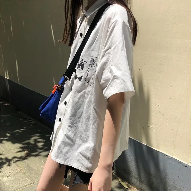 Women Shirts Turn-down Collar Summer Harahjuku Streetwear Printed BF Fashion Womens Vintage Elegant Students Ulzzang Chic Tender