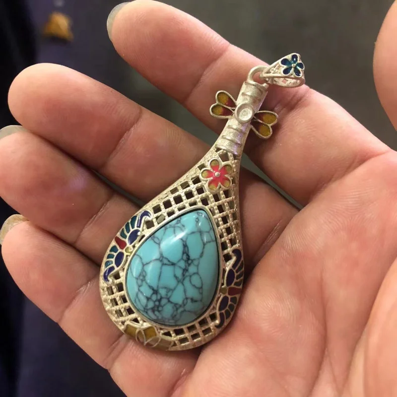 Exotic Pipa Vintage Imitation Turquoise Musical Instrument Coat Pin Ethnic Style Brooch Accessory