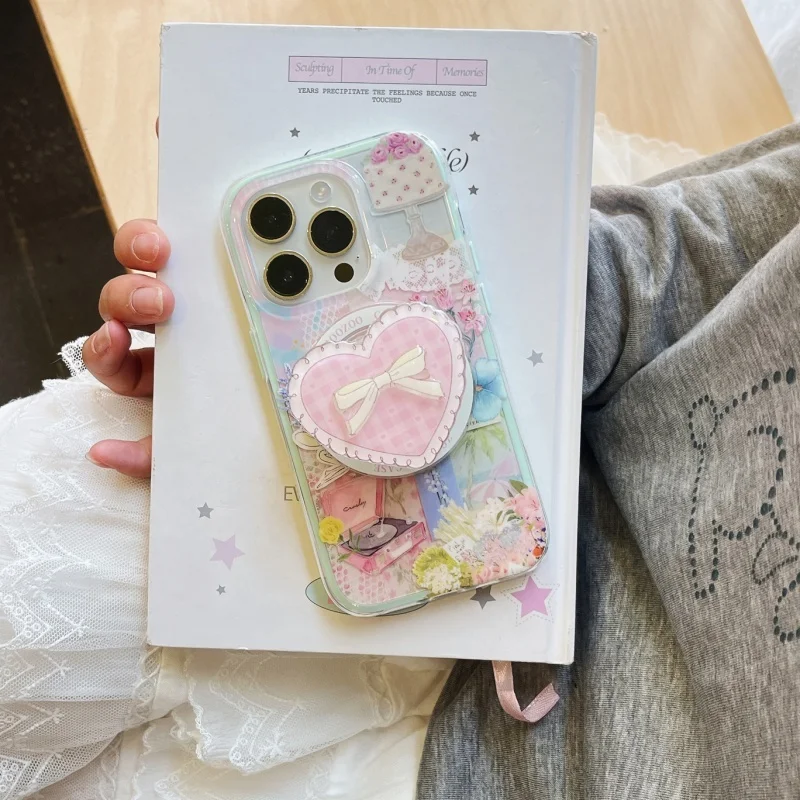 Korean Cute Grid Heart Bow For Magsafe Magnetic Phone Griptok Grip Tok Stand For iPhone 15 Wireless Charging Case Holder