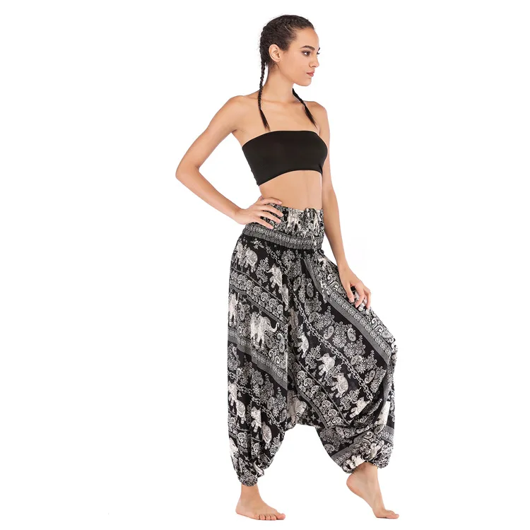 n Large Crotch Yoga Pants Elephant Print Diagonal Stripe Casual Harem Pants High Waist Long Trousers Women's Faion