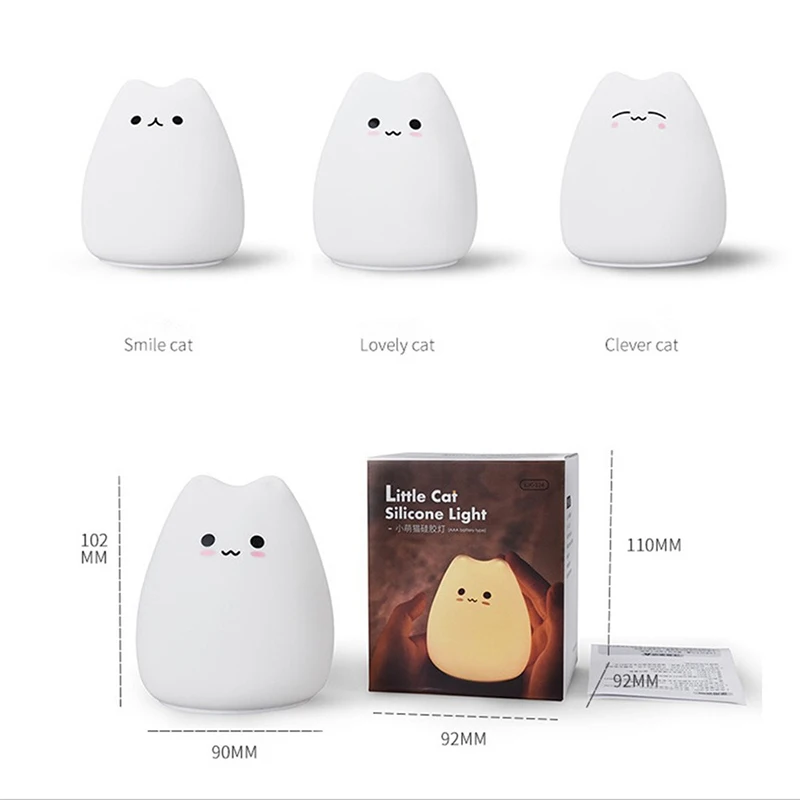 Mini Cute Cartoon Cat Shaped Pat Light Lamp Soft Silicone Nightlight for Kids Room Decor Seven Colors for Home Exhibition Hall