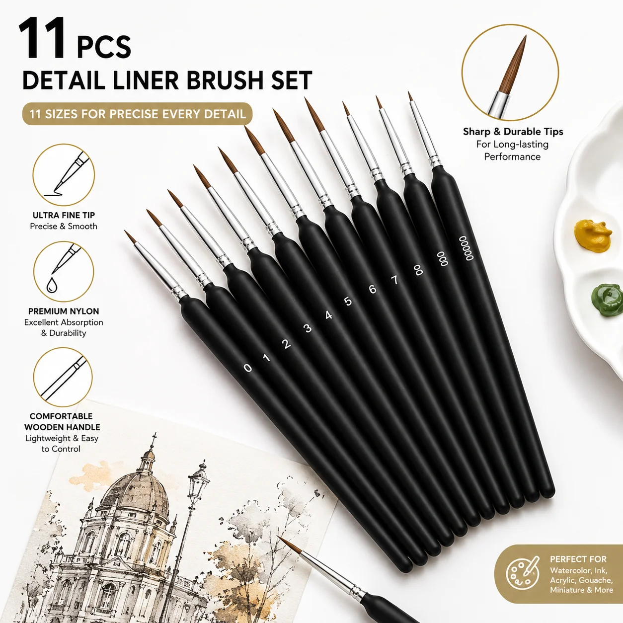 11PCS Detail Paint Brush Set Fine Tip Miniature Painting Brushes for Acrylic Watercolor, Line Drawing Model Nail Art Drawing