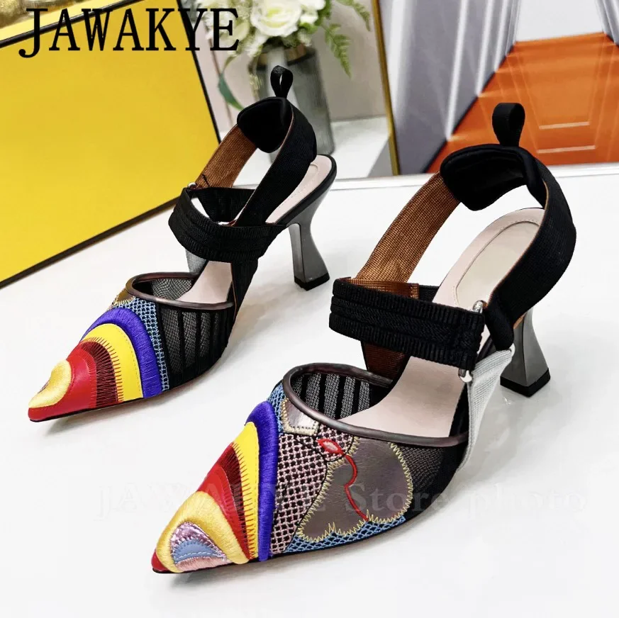 Luxury Designer High Heels Color Blocking Women Slingbacks Party Shoes Embroidery Leather Mesh Sandals Summer Dress Shoes Women