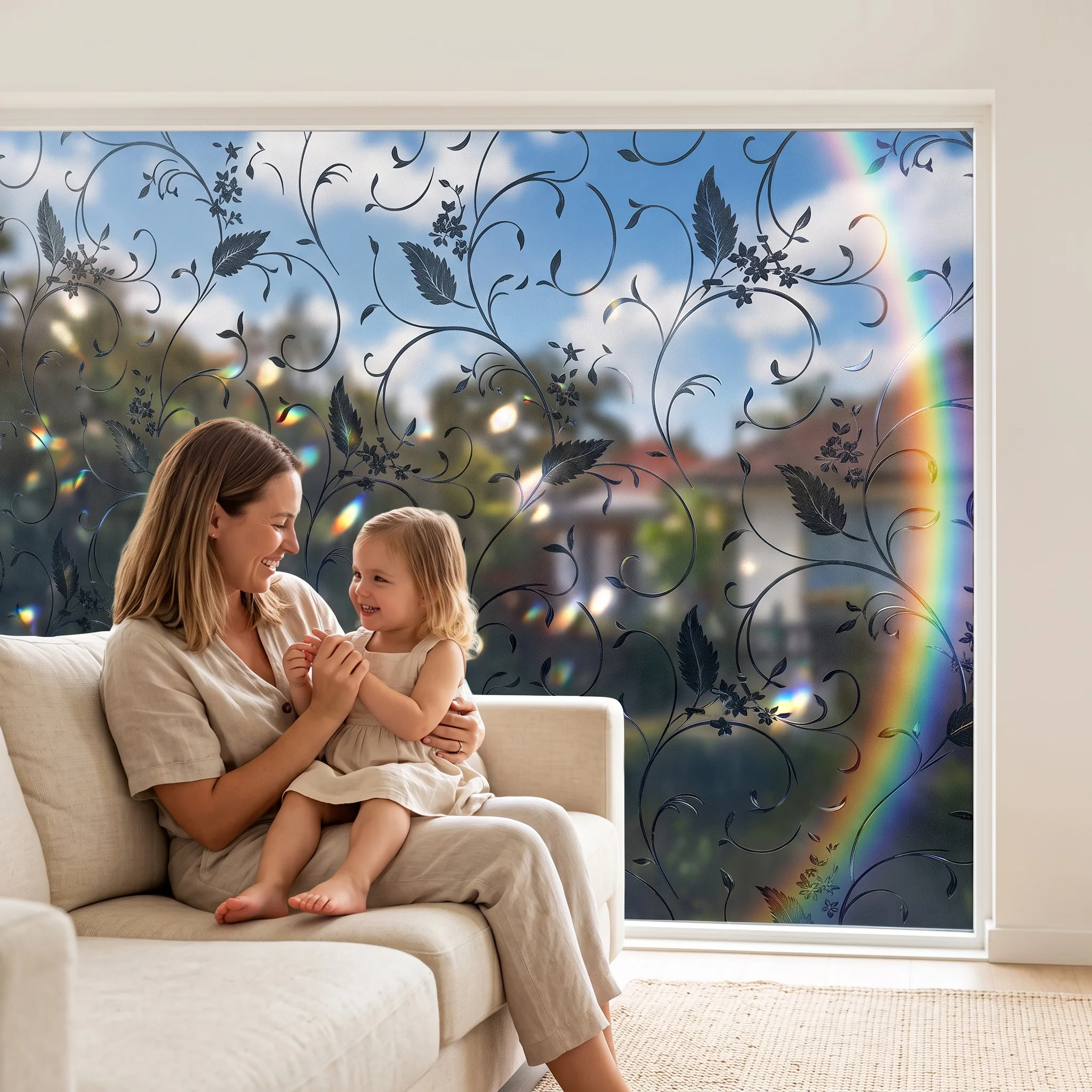 Vintage Black Floral Static Cling Window Film No Glue Blackout Frosted Privacy Film, Luxury Vine Decor for Bathroom Glass Door D