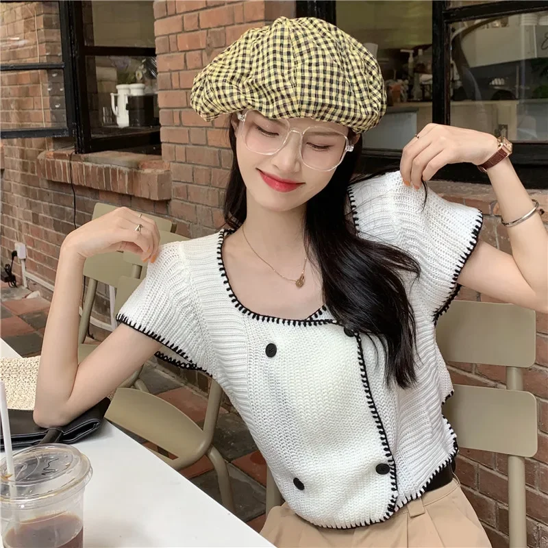 

Милый женский кардиган Sueter Mujer с квадратным воротником и короткими рукавами, женская одежда, двубортный вязаный тонкий укороченный свитер