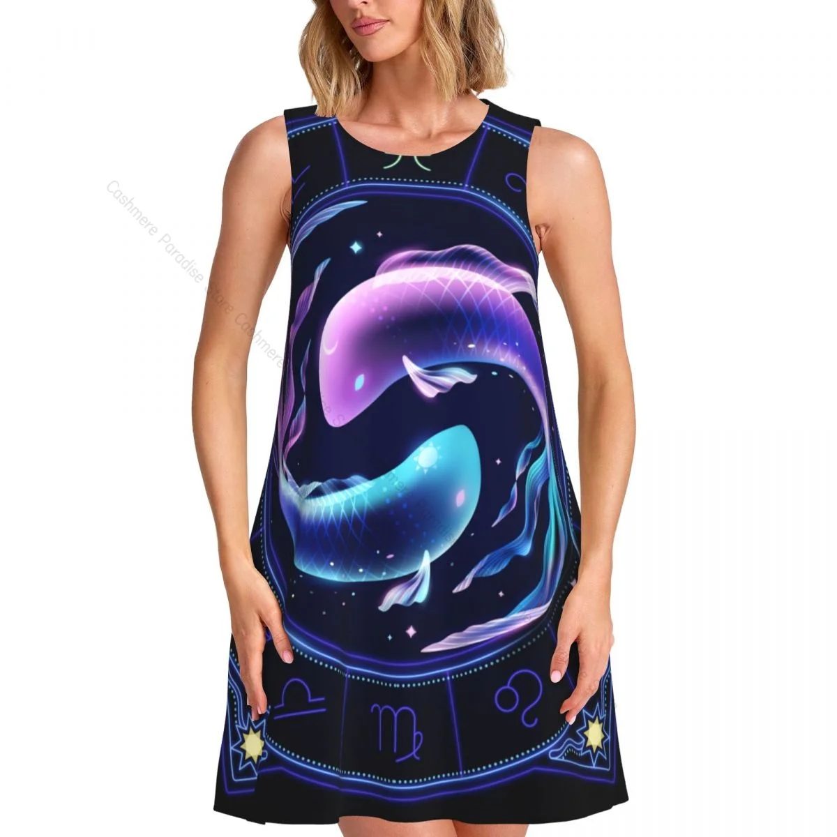 Women's Dress Pisces Zodiac Sign Summer Casual T Shirt Dresses Beach Cover up Tank Dress