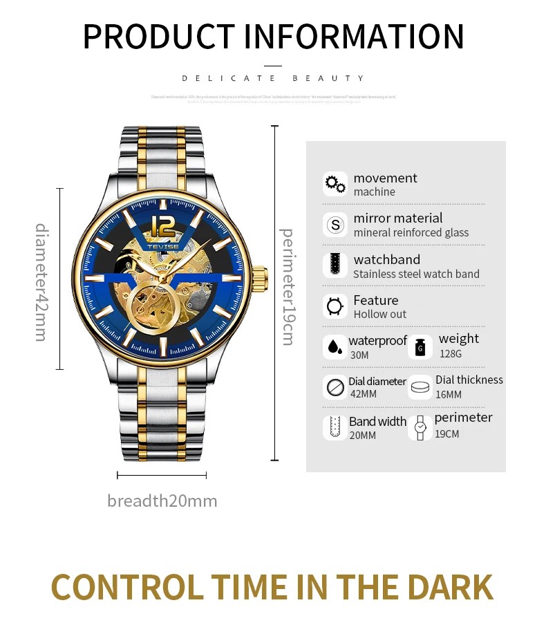 2025 TEVISE ساعة أوتوماتيكية للرجال ساعة يد ميكانيكية مع حزام من الفولاذ المقاوم للصدأ مقاومة للماء هيكل عظمي مضيء هدية
