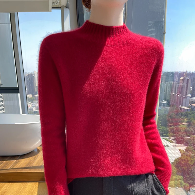 Fall/Winter new 100% Merino wool pullover Cashmere sweater Women's semi-turtleneck seven-pin warm bottom knit shirt top