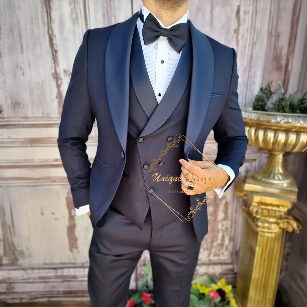 

Navy Blue Men's Formal Suit 3pcs Satin Shawl Lapel Jacket Vest Pants Slim Fit for Wedding Grooms Dating Dace Party Custom Tuxedo