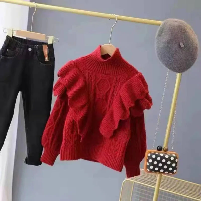 Sweet Ruffles Turtleneck Sweaters Sexy Lady Purple Pink Twists Knitwear Korean Aesthetic Crop Top Warm Winter Jumpers Pullover