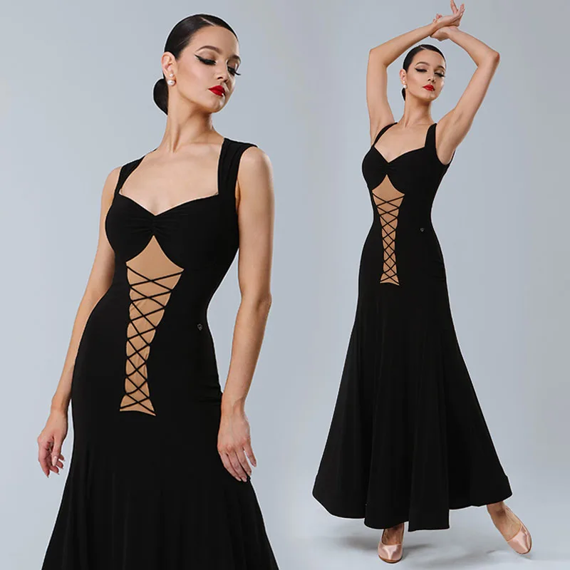 Standard-Tanzkleid für Damen, Walzer-Wettbewerbskleidung, schwarz, ärmellos, Performance-Kleider, Gesellschaftstanz, Bühnenkostüme 2415