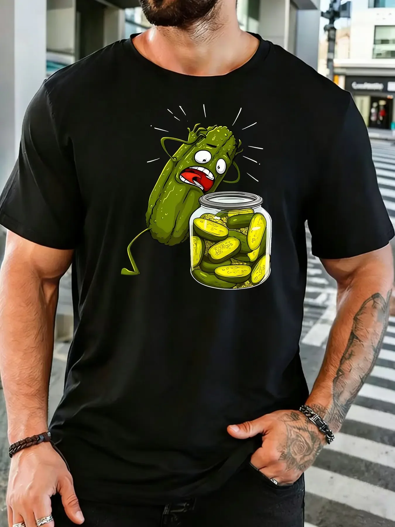 Male Dark Blue Round Neck T Shirt Panicked Anthropomorphic Pickle Escape Glass Jar Hilarious Vegetable Cartoon Daily Cotton Tee