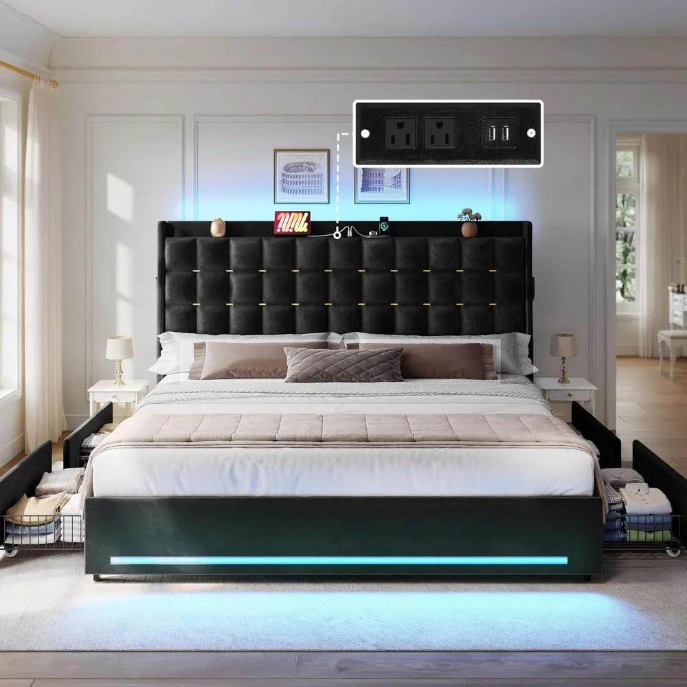 

Queen/king Bed Frame with LED Lights 4 Drawers, No Box Spring Needed, Easy Assembly, Velvet Upholstered Platform Bed