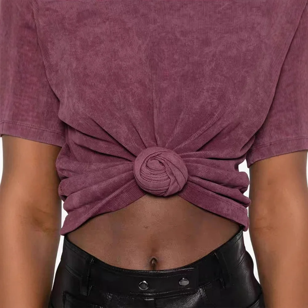 

Women's fashion design T-shirt knot twisted flower thread casual short sleeved T-shirt