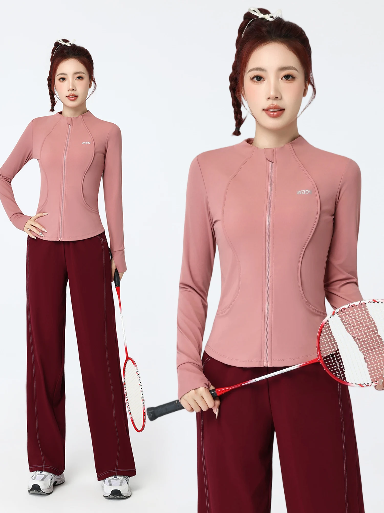 여성용 야외 러닝 스포츠 슈트 긴 소매 퀵 드라이 슬림핏 트레이닝 자켓 하이웨이스트 바지 투피스 세트