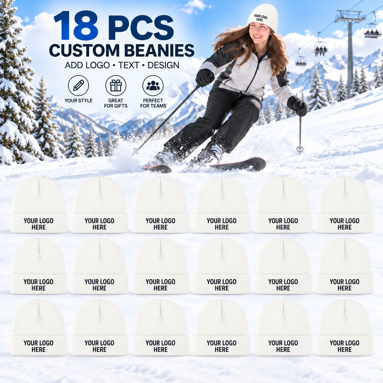 18 custom knit hats, you can print your logo, text, or design on them, available in various colors, perfect for teams, clubs, co