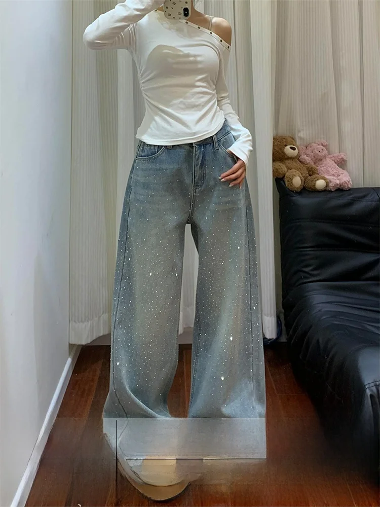 

Shiny Diamond Embellished Wide Leg Jeans High Waist Casual Style for Women Commute Slimming Floor Length Trousers