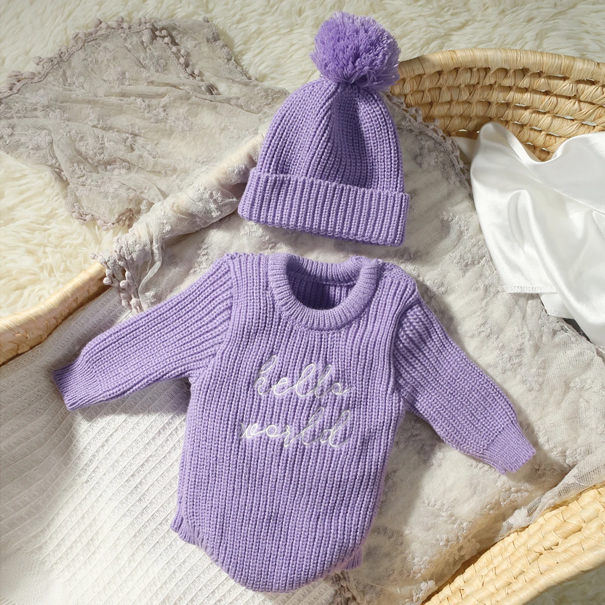 Ylsteed Hello World Knitting Newborn Photography Romper with Matching Pomp Hat Baby Boy Girl Sweater Outfits for Photo Shooting