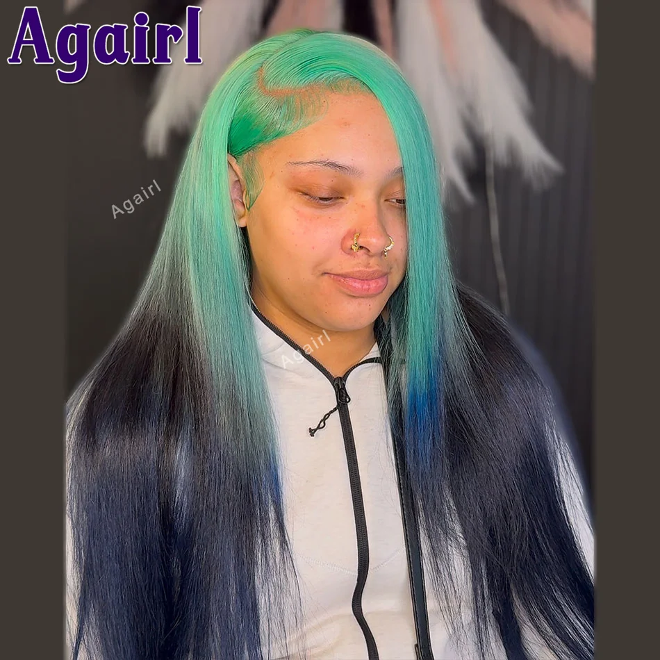 

Ombre Green Ink Blue 200 Density Transparent 13x4 13x6 Straight Lace Frontal Wig Human Hair for Women 613 Colored Lace Front Wig