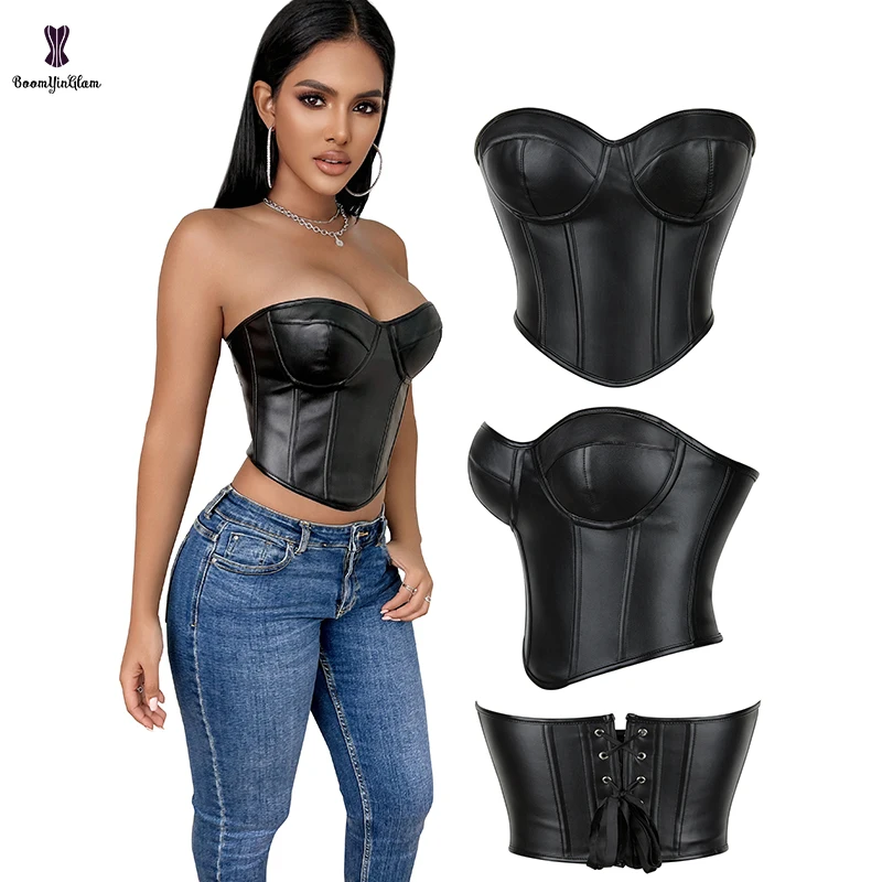 

Size S-xxxl Gothic Vintage Women's Black Steam Punk Vest Tank Faux Leather Corset Crop Top Bra Bustier With G String