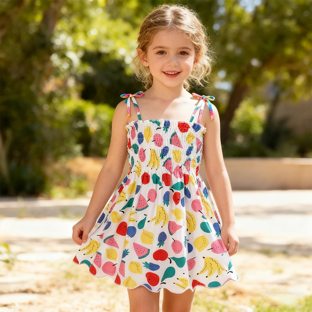 

Детское праздничное платье с фруктами, летнее платье из чистого хлопка с принтом для девочек, детское модное платье с цветочным принтом, детское платье на подтяжках, повседневное платье